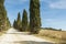 Typical landscapes for Siena Province in Tuscany, Italy. Cypress hills, plowed fields, roads and houses. Begining of autumn season