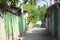 Typical maldivian street with palms and colored houses