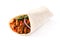 Typical Mexican burrito wrap with beef, frijoles and vegetables isolated