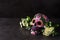 Typical Mexican skull with flowers painted on black background. Dia de los muertos.