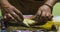 Typical Mexican street food vendor, prepares a dish originally from Michoacan, Mexico called Corundas