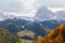 Typical mountain landscape with views of the Sella mountain groups and the Sassolungo mountain range Langkofel, Dolomites at