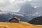 Typical mountain landscape with views of the Sella mountain groups and the Sassolungo mountain range Langkofel, Dolomites at