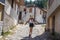 Typical narrow Greek streets and architecture with country side houses style in small village named Potamia at Thasos island