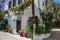 Typical narrow Greek streets and architecture with country side houses style in small village named Potamia at Thasos island