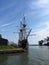 Typical old Dutch three mast sailing boat on sea. Boat old Netherlands Hoorn