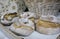 Typical Portuguese Easter cakes, also called Folar or folares, with traditional portuguese tiles in background.