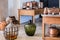 Typical portuguese kitchen equipped with copper kitchenware and glass bottles