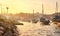 Typical portuguese wooden boats, called  `barcos rabelos  `transporting wine barrels on the river Douro with view on Villa Nova de