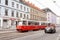 Typical red tram Rodaun 60 on road Mariahilfer Strasse Vienna