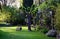 Typical rustic idyllic courtyard garden with wooden armchair