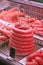 Typical sausage called butifarra at a market stall in Barcelona