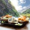 Typical Scandinavian sandwiches against deep walley close the train journey Flamsbana between Flam and Myrdal in Aurland in