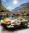 Typical Scandinavian sandwiches against typical fishing village with fjord in Norway near Flam