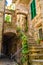 Typical small yard with stone buildings houses, stairs, shutter window and flower pots in Corniglia village, National park Cinque