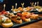 Typical snack of Basque Country, pinchos or pinxtos skewers with small pieces of bread, sea food, eggs, cheese,