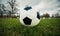 Typical soccer ball on the free kick marking line, outdoors on the stadium field. Traditional football ball on the green grass