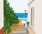 Typical South European street near the ocean, woman looking at the sea, summer vector illustration