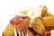 Typical spanish patatas bravas, fried potatoes with a hot sauce