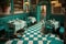 Typical Spanish restaurant with turquoise and white floor, generative AI