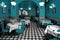 Typical Spanish restaurant with turquoise and white floor, generative AI