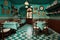 Typical Spanish restaurant with turquoise and white floor, generative AI