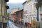 A typical street and architecture in La Candelaria, a district in Bogota, Colombia