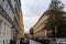 Typical street of Zizkov district in autumn, during a cloudy afternoon, with its typical austro hungarian architecture