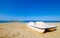 Typical summer image of an amazing pictorial view of a sandy beach and an old white church in a small isl