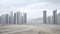 Typical tall and slim gray skyscrapers. Construction project in the middle of a desert, dull and dusty. Generative AI