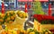 Typical traditional dutch flower market bouquets, yellow sunflowers and red tulips, water canal gracht - Utrecht, Netherlands