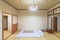 A typical traditional Japanese bedroom characterized by tatami mats, shoji doors, fusuma walls and futon mattress.