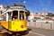 Typical tram 28 in Alfama district in Lisbon, Portugal