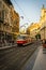 Typical tram street of Prague in Czech Republic