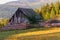 Typical Transylvanian mountains, lonely wooden house and wooden fence on the hillside, Bihor Mountains, Carpathian Mountains