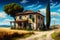 Typical Tuscan old farmhouse with a beautiful landscape in the background. View on the facade. Illustration