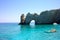 Typical view on Lalaria beach holey rock gate in Skiathos