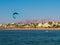 Typical views of Egyptian resort coastline. Kitesurfing on the b