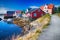 Typical village with wooden houses in Henningsvaer, Lofoten islands, Norway