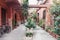 Typical weathered residential yard in the old town Rome with tropical potted flowers