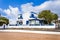 Typical white and blue houses in Playa Honda town near beach on Lanzarote island, Spain. Beautiful vacation home and