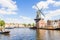 Typical windmill and medieval architecture in Haarlem, Netherlands