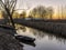 Typical wooden boat of the wetland known as Padule di Fucecchio, Porto dell`Uggia, Tuscany, Italy, at sunset