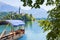 Typical wooden boats, in slovenian called Pletna, in the Lake Bled, the most famous lake in Slovenia with the small island