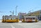 Typical yellow trams in Lisbon downtown