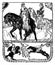 Typographic decorative art deco style shield frame with medieval chivalry scene : king, knights, horseback battle with lance and