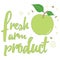 Typographic hand drawn banner with green apple, bee, flower and text for prganic farm and garden.