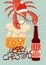 Typographic retro Christmas beer poster with Lobster-Santa. Vector illustration.