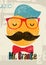 Typographic retro grunge orange juice poster. Funny hipster character Mr. Orange. Vector illustration. Eps 10.