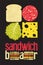 Typographic retro grunge poster for sandwich bar. Bread, cheese, sausage and salad. Vector illustration.